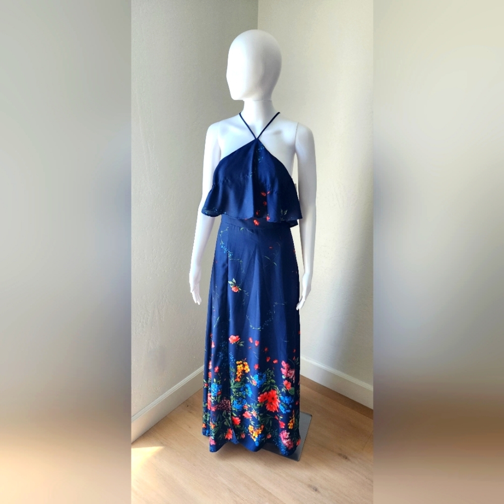 NWT Floral Navy Blue Maxi Dress with Halter Top!